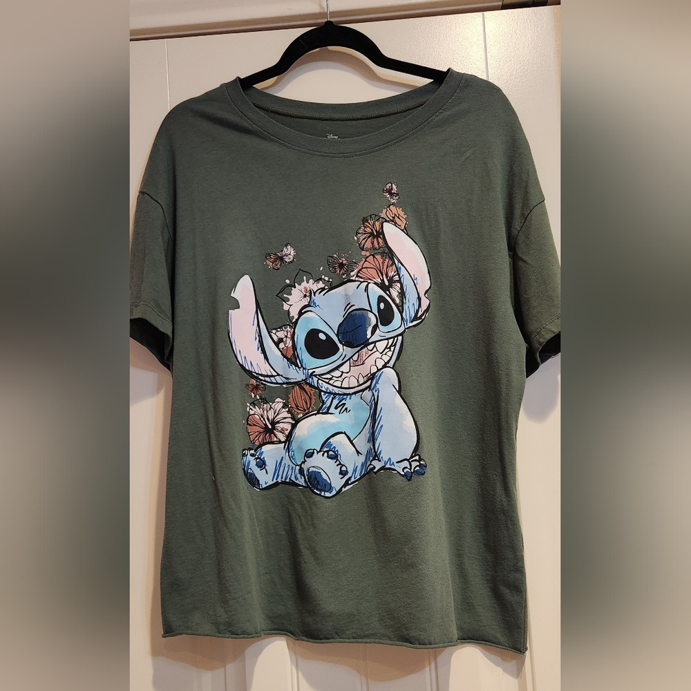 Disney Dark Green Stitch Floral T-Shirt 2XL